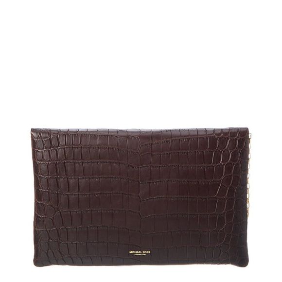 Michael Kors Collection Croc-Embossed Leather Envelope Clutch, Brown - Picture 3 of 5